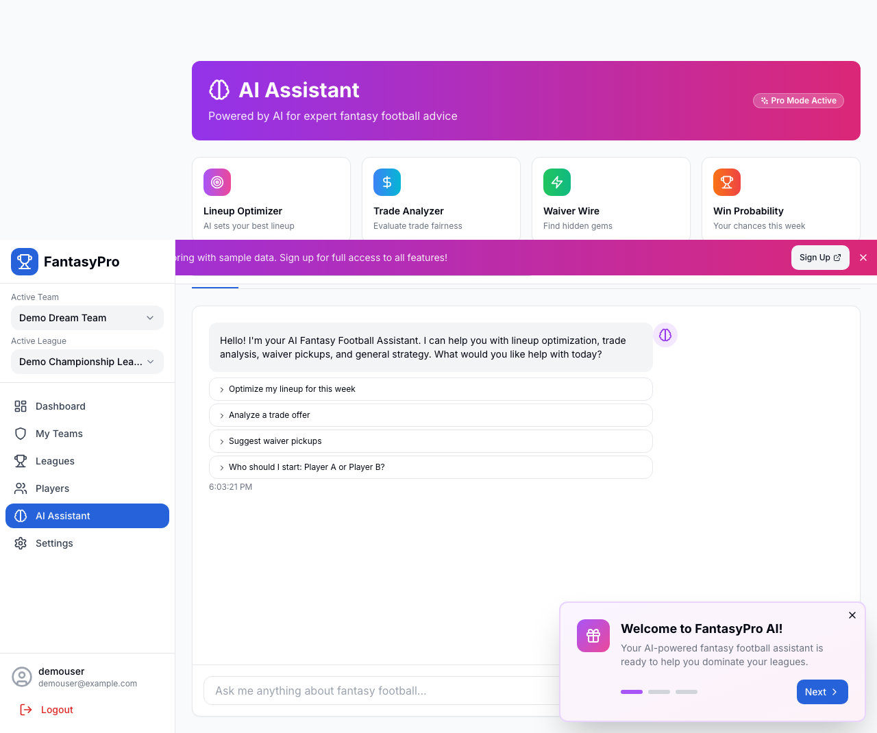 AI Assistant - Get expert fantasy football advice