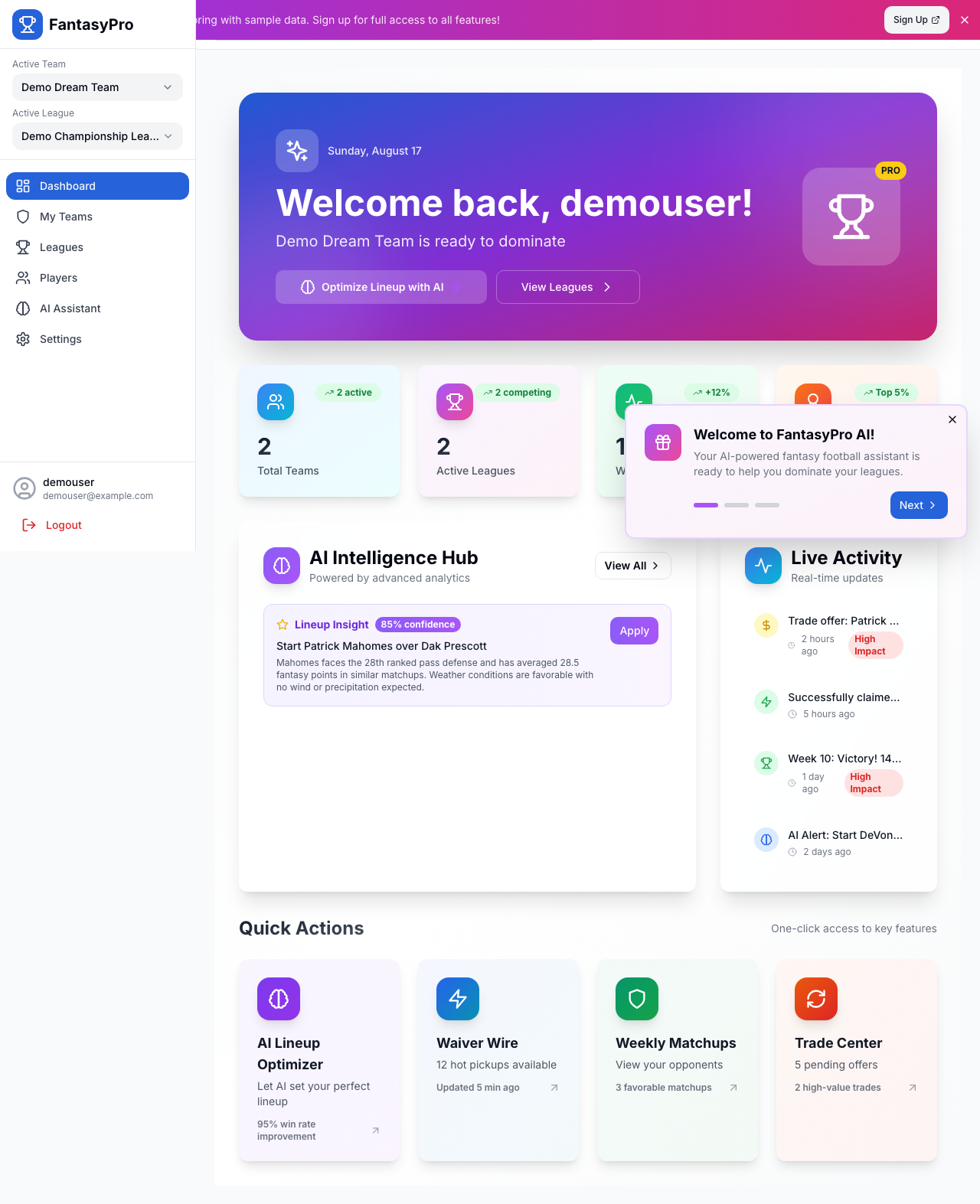 FantasyPro Dashboard - Welcome back, Champion!